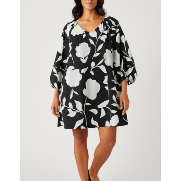 NWT Kate Spade sz XXS Classic Rose Poplin Mini Dress Black Wh long sleeve kk49 - Picture 1 of 9